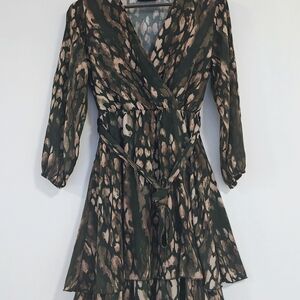 Vertiche Green Animal Print Wrap Dress Sheer Sleeve Mini